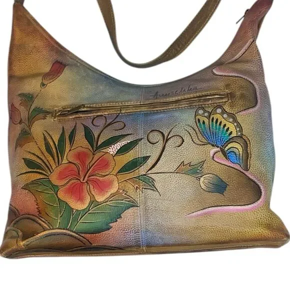 Anuschka Hand painted Leather Satchel Bag in Butterfly Floral - Picture 2 of 16